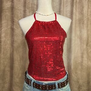 Vintage 90s Red Sequin Halter Top Metallic Disco Indie Sleaze Euro McBling Y2K